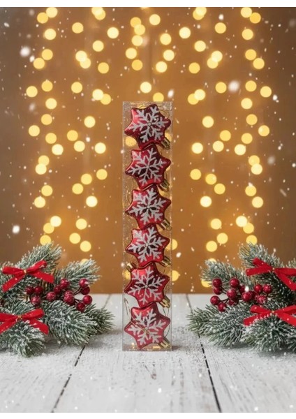 6'lı Kırmızı Altıgen (Heksagon) Kar Tanesi Desenli Yılbaşı Süsü Seti