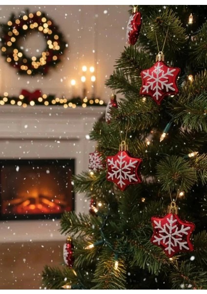 6'lı Kırmızı Altıgen (Heksagon) Kar Tanesi Desenli Yılbaşı Süsü Seti fiyatları