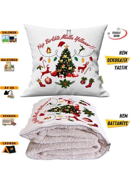 Yılbaşı Hediyesi Nakışlı Punch Efekt Baskılı Tv Battaniye Olabilen Dekoratif Yastık 2in1 Battaniye