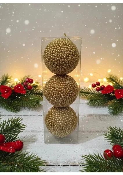 3'lü Altın Rengi Ponpon Dokulu Lüks Yılbaşı Ağacı Süsü Seti 8cm