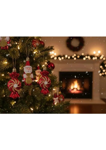 4'lü Noel Baba ve Şeker Temalı Kırmızı Yılbaşı Ağacı Süsü Seti