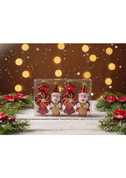 4'lü Noel Baba ve Şeker Temalı Kırmızı Yılbaşı Ağacı Süsü Seti fiyatları