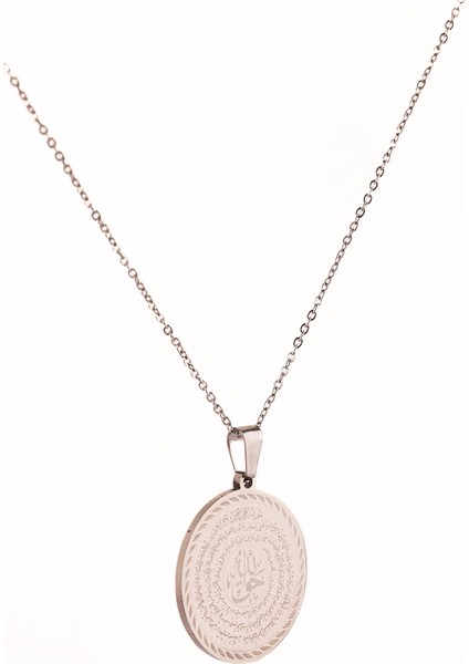 Gümüş Renk Nal-I Şerif ve Hakkani Mührü Yazılı Çelik Kolye Kararmaz Paslanmaz Zincir