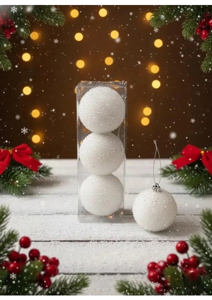 3'lü Lüks Beyaz Ponpon Dokulu Yılbaşı Ağacı Süsü Seti - Işıltılı