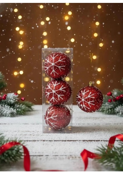 3'lü Kırmızı Kar Tanesi Desenli Ponpon Dokulu Yılbaşı Ağacı Süsü Seti 8cm