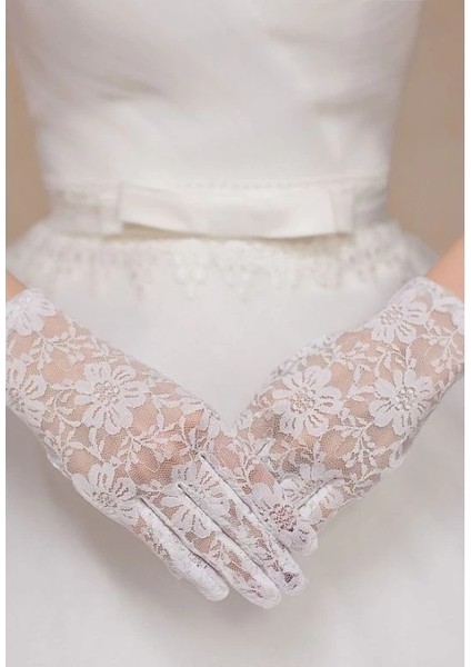 Buğz Beyaz Renk Kısa Dantelli Eldiven
