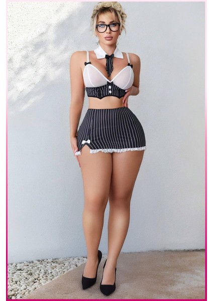 Çizgili Mini Etek & Şeffaf Üst Şık Set – Hafif Doku – Esnek Form indirimleri