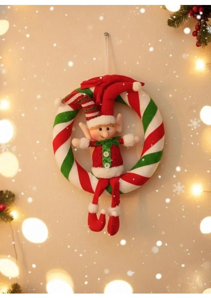 Kırmızı Yeşil Çizgili Elf Figürlü Premium Yılbaşı Kapı Çelenk Süsü fiyatları