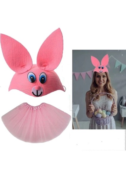 Buğz Tavşan Kostümü Pembe - 23 Nisan Tavşan Şapka ve Tütü Etek Seti 2 Parça