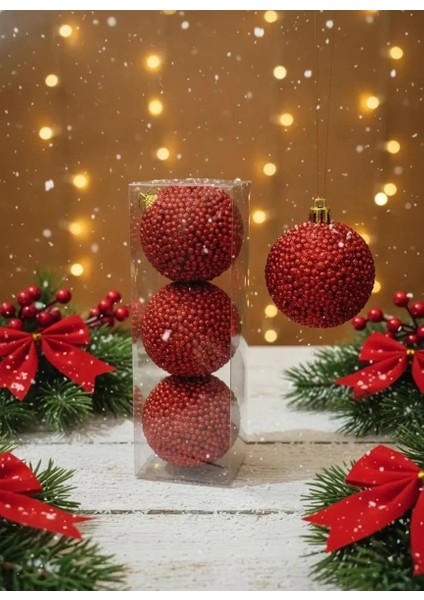 3'lü Kırmızı Ponpon Görünümlü Dokulu Yılbaşı Ağacı Süsü Seti 8cm