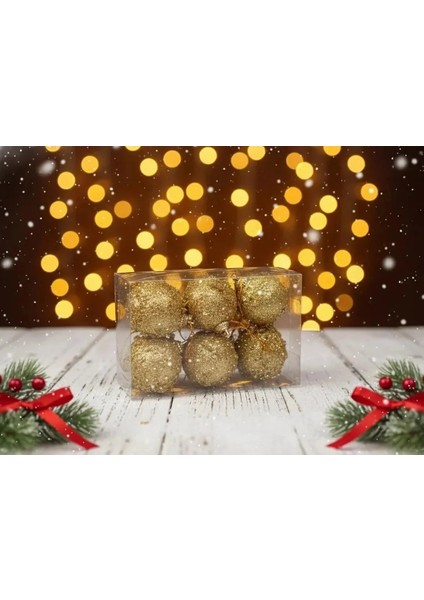 6'lı Lüks Altın Ponpon Dokulu Yılbaşı Ağacı Süsü Seti - Işıltılı 6cm