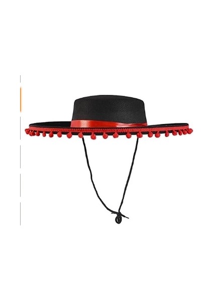 Buğz Kırmızı Ponponlu Siyah Renk Çocuk Ispanyol Şapkası