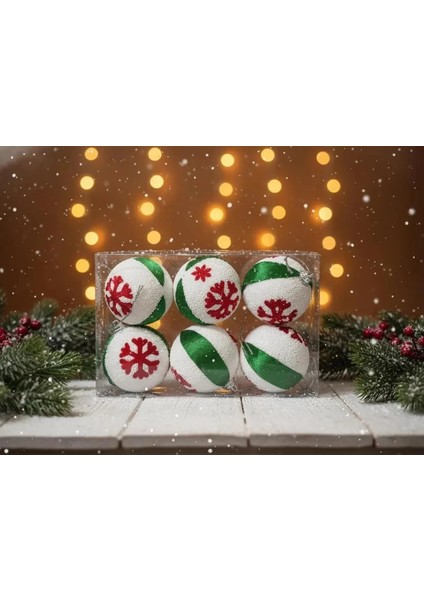 6'lı Kırmızı Kar Tanesi Desenli Yeşil Çizgili Kumaş Yılbaşı Süsü Seti 6cm