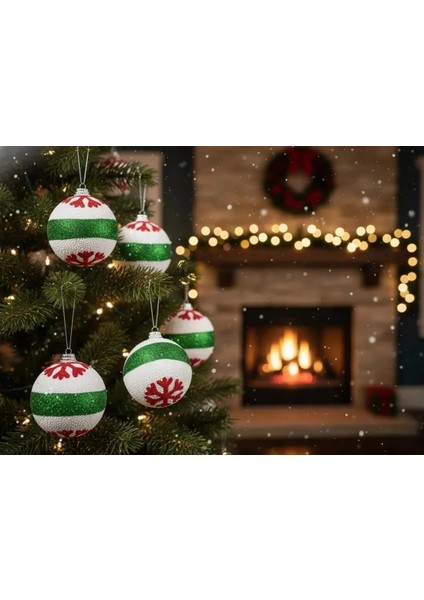 6'lı Kırmızı Kar Tanesi Desenli Yeşil Çizgili Kumaş Yılbaşı Süsü Seti 6cm fiyatları