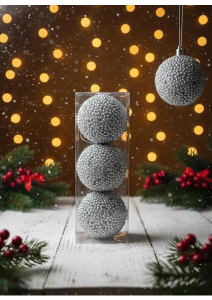 3'lü Lüks Gümüş Ponpon Dokulu Yılbaşı Ağacı Süsü Seti - Işıltılı 8cm