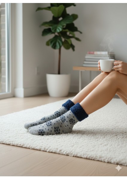 Sıcak Tutacak Peluş | Gri-Mavi Yılbaşı Temalı Kışlık Kaydırmaz Ev/pijama Çorabı | Kadın Kalın ve Yumuşak Soket Çorap modelleri