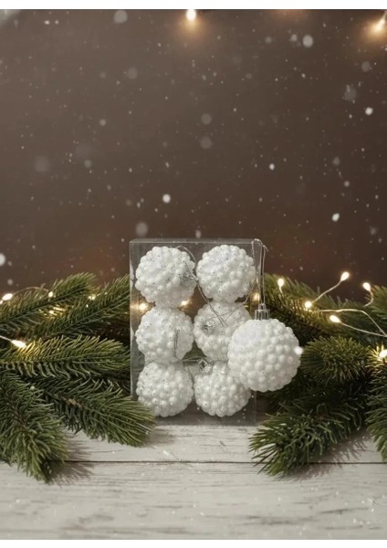 6'lı Beyaz Kar Tanesi Desenli Kış Temalı Yılbaşı Ağacı Süsü Seti ( 6 cm )