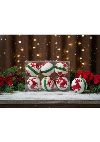 6'lı Kırmızı Geyik ve Yıldız Desenli Yeşil Çizgili Kumaş Yılbaşı Süsü Seti 6cm