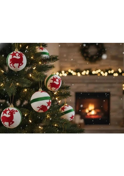 6'lı Kırmızı Geyik ve Yıldız Desenli Yeşil Çizgili Kumaş Yılbaşı Süsü Seti 6cm fiyatları