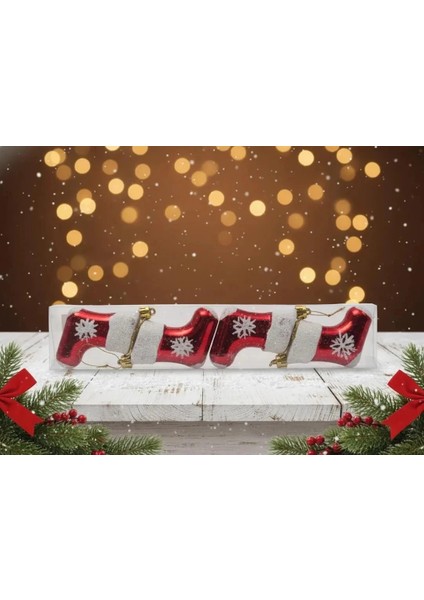 4'lü Kırmızı Kar Tanesi Desenli Yılbaşı Botları Süsü Seti