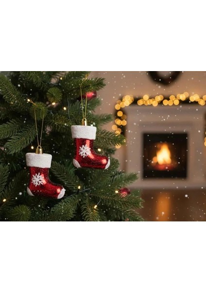 4'lü Kırmızı Kar Tanesi Desenli Yılbaşı Botları Süsü Seti fiyatları
