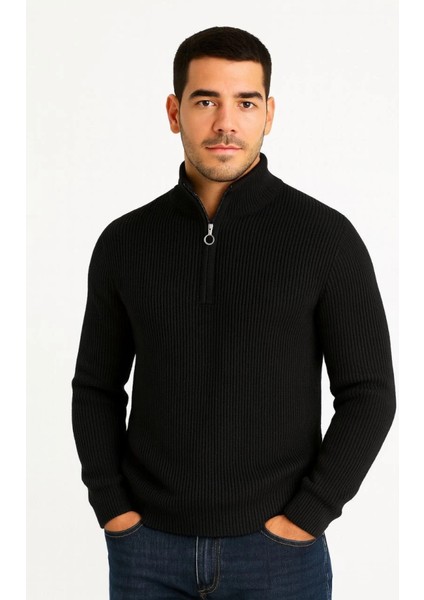 Erkek Yarım Fermuarlı Triko Kazak – Selanik Örgü, Dik Yaka, Pamuklu Dokuma, Regular Fit Uzun K fırsatları