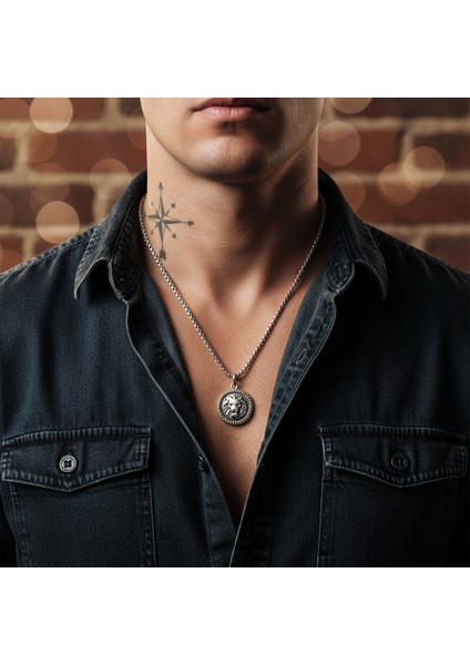 Minimal Aslan Madalyon Gümüş Kaplama Örme Zincir Kolye fiyatları