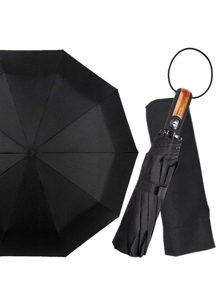 Ahşap Görünümlü Tam Otomatik Fiber Mekanızmalı Siyah Şemsiye