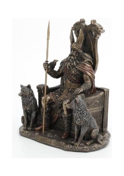 Veronese Design Tahtta Oturan Odin Kurtlarla Birlikte - Viking Dekor Heykeli