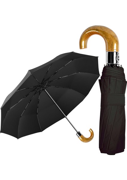 10 Telli Güçlendirilmiş Ahşap Saplı Şemsiye Tam Otomatik Korumalı Şemsiye