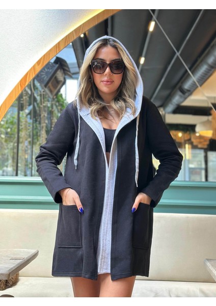 Kadın Uzun Kollu Kapşonlu Çift Renkli Şardonlu Iki Iplik Ceket