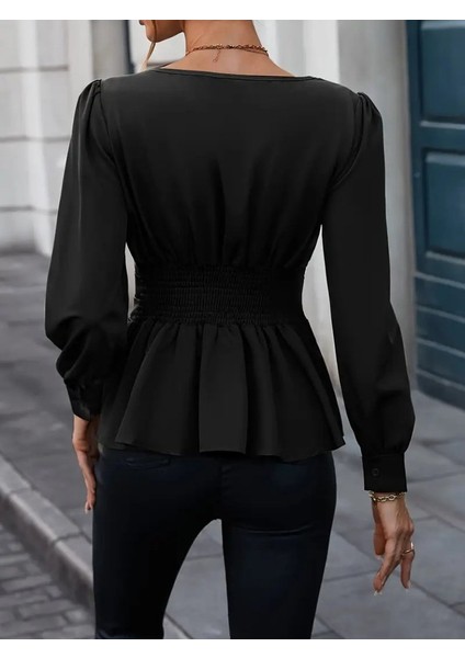 Kadın Uzun Kollu Geometrik Yakalı Belden Oturmalı Ithal Krep Bluz fırsatları