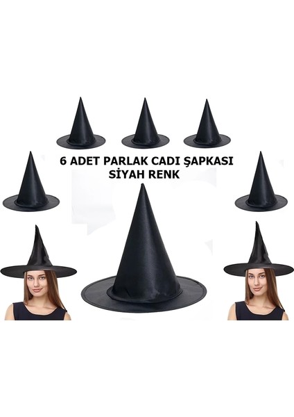 Halloween Siyah Renk Parlak Dralon Cadı Şapkası Yetişkin ve Çocuk Uyumlu 6 Adet