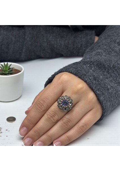 Bronz Vintage Zirkon Taşlı Ayarlanabilir Yüzük