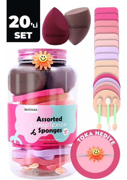20’li Makyaj Sünger Seti Damla & Kesik Sünger, Pudra Pufları, Far Aplikatörü, Toka Hediyeli