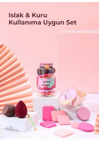 20’li Makyaj Sünger Seti Damla & Kesik Sünger, Pudra Pufları, Far Aplikatörü, Toka Hediyeli modelleri
