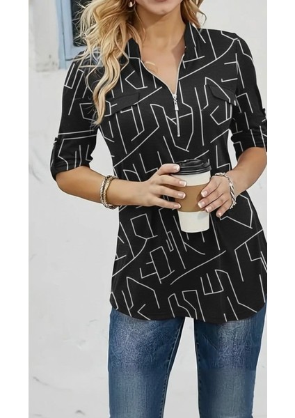 Kadın Uzun Kollu Hakim Yaka Yakadan Fermuarlı Geometrik Desenli Süprem Bluz