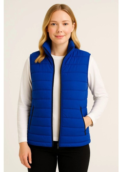 Şişme Fermuarlı Yelek Su Itici Kapitone Astarlı Kumaş Cepli Hafif Kışlık Spor Rahat Kalıp - Saks Mavisi fırsatları