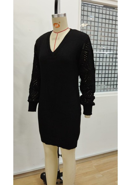 Kadın Uzun Kollu V Yakalı Mini Triko Elbise