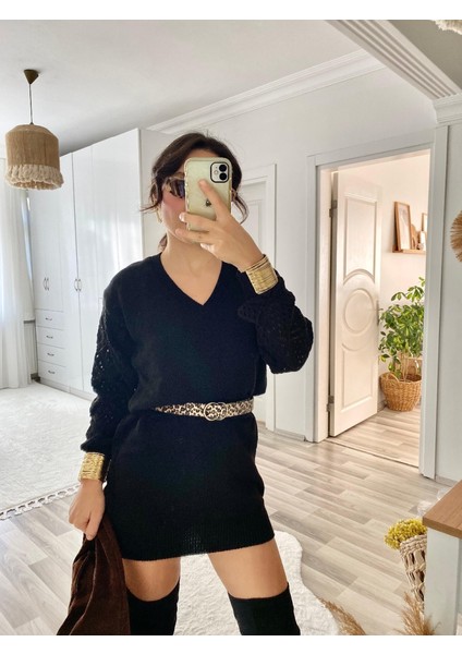 Kadın Uzun Kollu V Yakalı Mini Triko Elbise