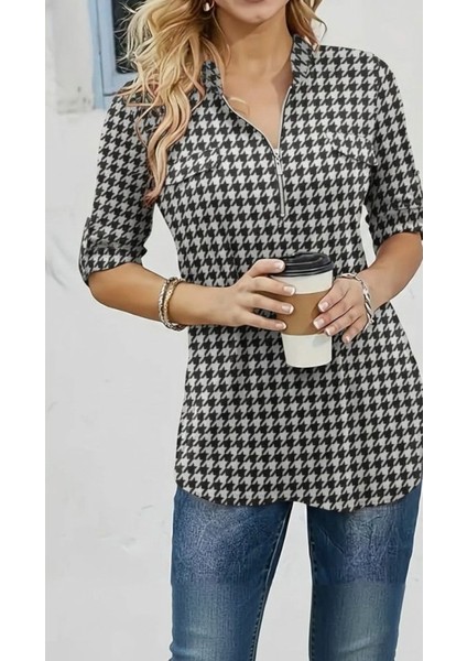 Kadın Uzun Kollu Hakim Yaka Yakadan Fermuarlı Geometrik Desenli Süprem Bluz