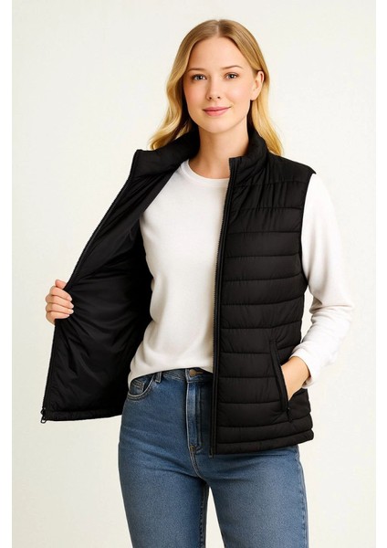 Şişme Fermuarlı Yelek Su Itici Kapitone Astarlı Kumaş Cepli Hafif Kışlık Spor Rahat Kalıp - Siyah