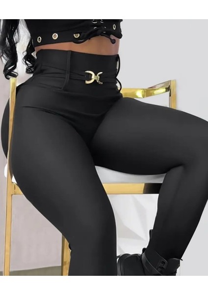 Kadın Yüksek Bel Belden Toka Detaylı Dalgıç Tayt