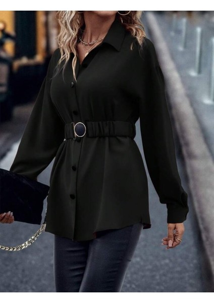 Kadın Uzun Kollu Yakalı Önden Düğmeli Belden Kemerli Ithal Krep Bluz