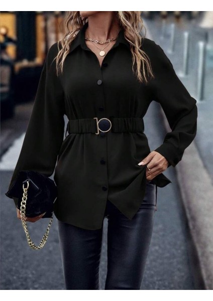 Kadın Uzun Kollu Yakalı Önden Düğmeli Belden Kemerli Ithal Krep Bluz modelleri