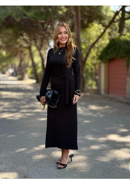 Kadın Uzun Kollu Bisiklet Yaka Yandan Bağlamalı Uzun Modal Elbise