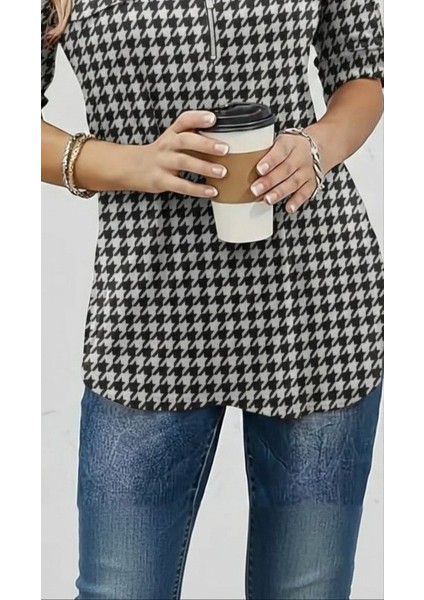 Kadın Uzun Kollu Hakim Yaka Yakadan Fermuarlı Geometrik Desenli Süprem Bluz modelleri