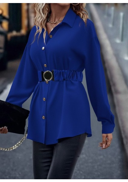 Kadın Uzun Kollu Yakalı Önden Düğmeli Belden Kemerli Ithal Krep Bluz