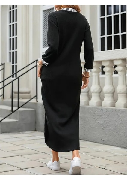 Kadın Uzun Kollu V Yakalı Yanlardan Yırtmaçlı Uzun Viskon Iki Iplik Elbise modelleri