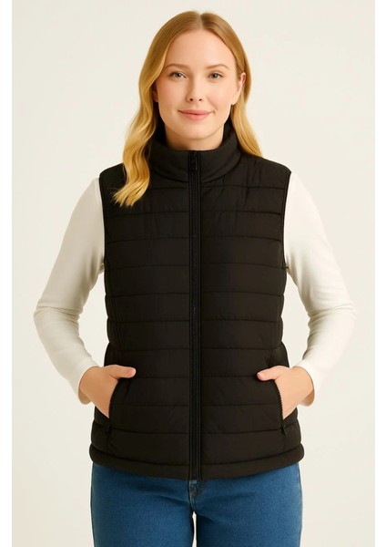 Şişme Fermuarlı Yelek Su Itici Kapitone Astarlı Kumaş Cepli Hafif Kışlık Spor Rahat Kalıp - Siyah fiyatları